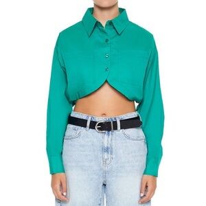 NWT Forever 21 100% Cotton Cropped Tulip-hem Long Sleeve Shirt Women’s Medium